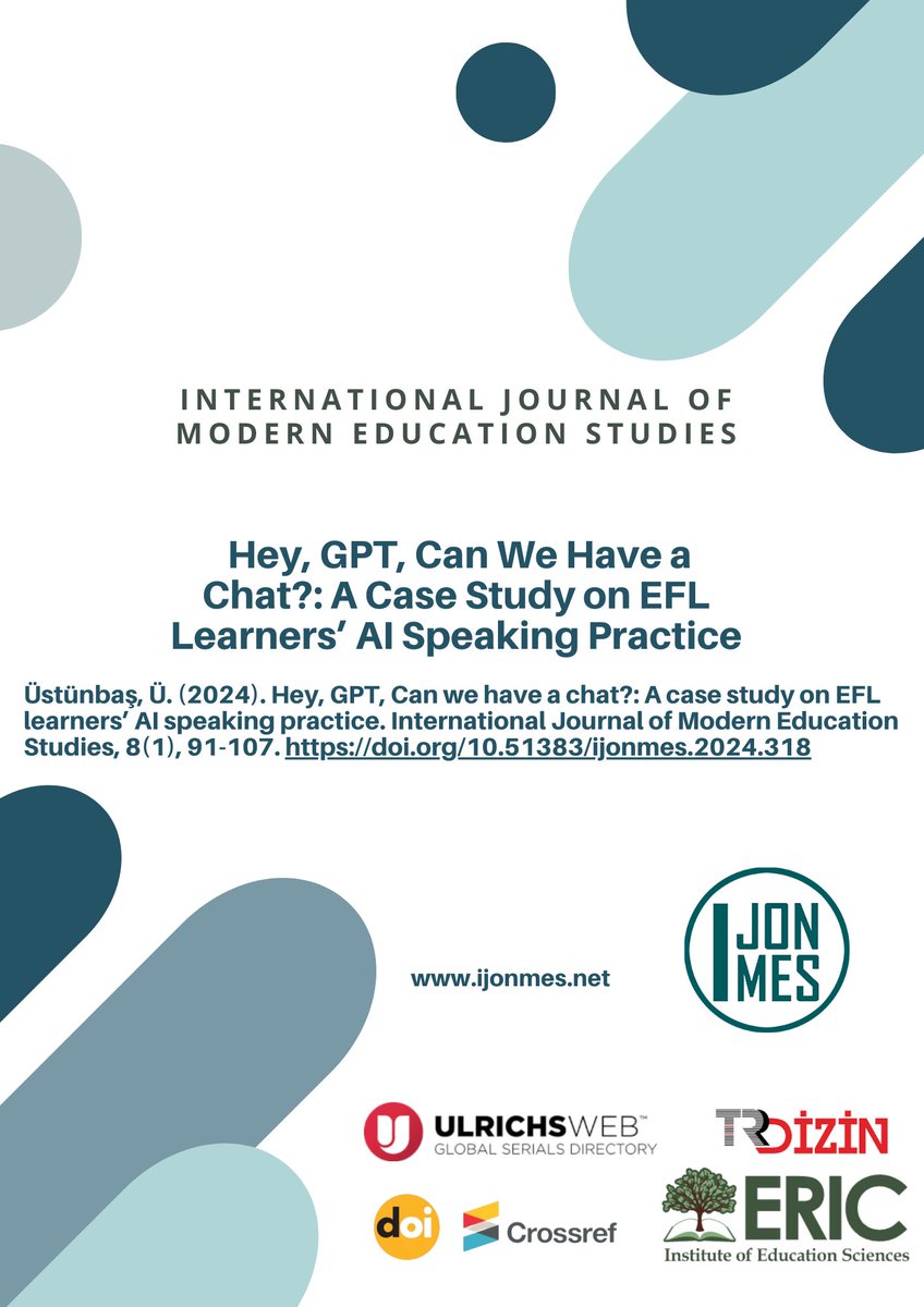 🌐 New Research Alert! 🎓 'Hey, GPT, Can We Have a Chat?' explores the use of #ChatGPT for speaking practice among Turkish EFL learners. Discover how AI is transforming language learning in higher education. 🤖💬 Read more: ijonmes.net/index.php/ijon… 🔍 #AIinEducation #L2Learning