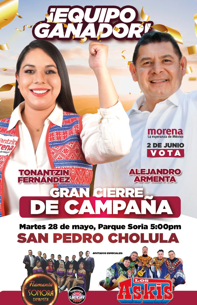 Amigas, amigos, hoy es un día de fiesta para #SanPedroCholula

Acompaña al Equipo Ganador a celebrar el gran cierre de esta exitosa campaña.

5:00PM Parque Soria.  

Estará con nosotros nuestro futuro gobernador de #Puebla, @armentapuebla_. 

Habrá muchas sorpresas, ahí nos vemos