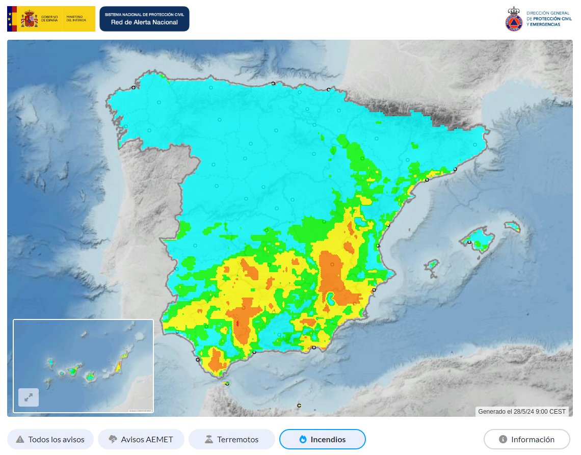 🗓️28/5/2024 Situación avisos @AEMET_Esp

🟩Sin avisos meteorológicos

🔥🟠Riesgo de #IIFF muy alto en varias zonas de Canarias y la Península
✖️No enciendas hogueras en el monte
✅Extrema las precauciones

🔍Visor RAN @proteccioncivil @interiorgob👉ran-vmap.proteccioncivil.es