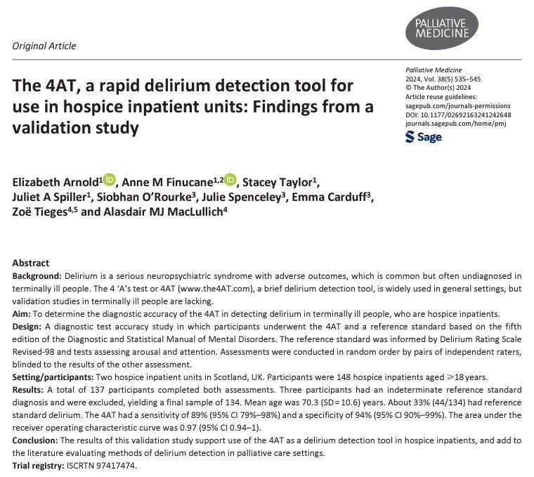 The 4AT had a sensitivity of 89% and specificity of 94% for delirium detection, as assessed by the DSM-5 delirium reference standard, in this study of terminally ill people in hospice inpatient units. #hpm #hapc #palliativecare buff.ly/4dUxR7I