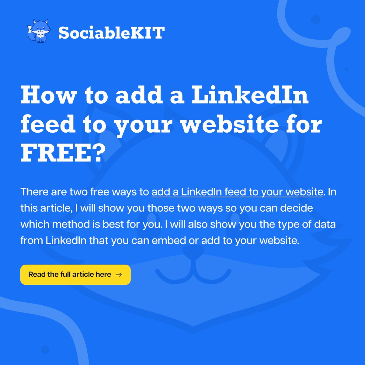 Want to add a LinkedIn feed to your website for free? Our new article will guide you through two easy methods to get it done. Follow the steps and improve your website today!

 Read more: linkedin.com/pulse/how-add-…

#LinkedIn #WebsiteIntegration #SociableKIT #WebTips #SimpleGuide