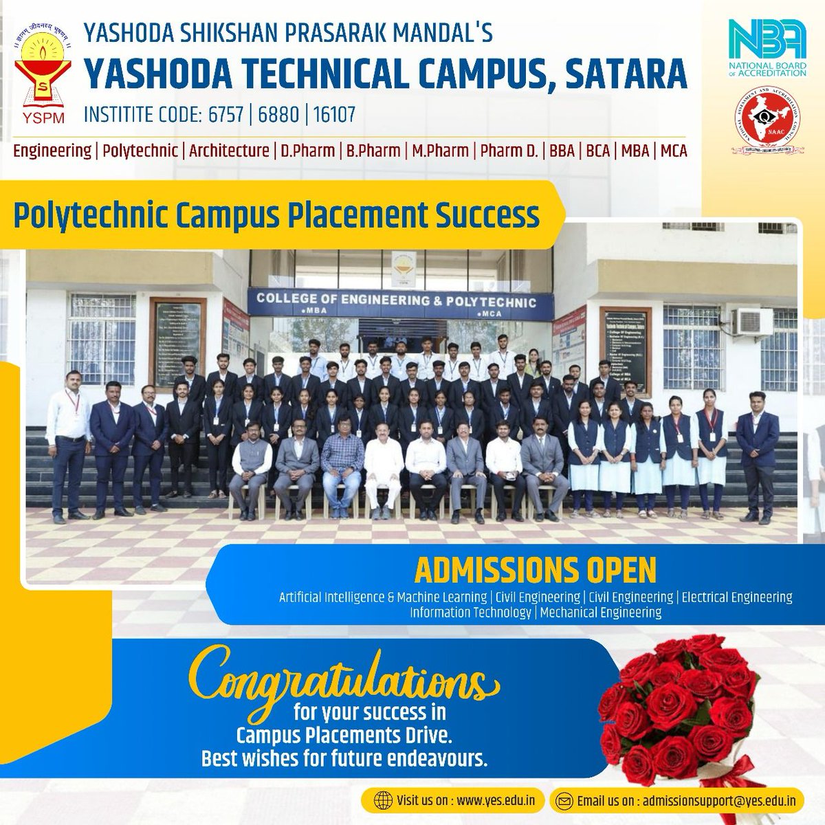 YSPMYTC's tweet image. Yashoda Technical Campus proudly announces the placement success of its polytechnic diploma students! Admissions are now open, offering top-notch education and guaranteed placements. Secure your future with us!

#YTC #100PercentPlacement #PolytechnicSuccess #AdmissionsOpen