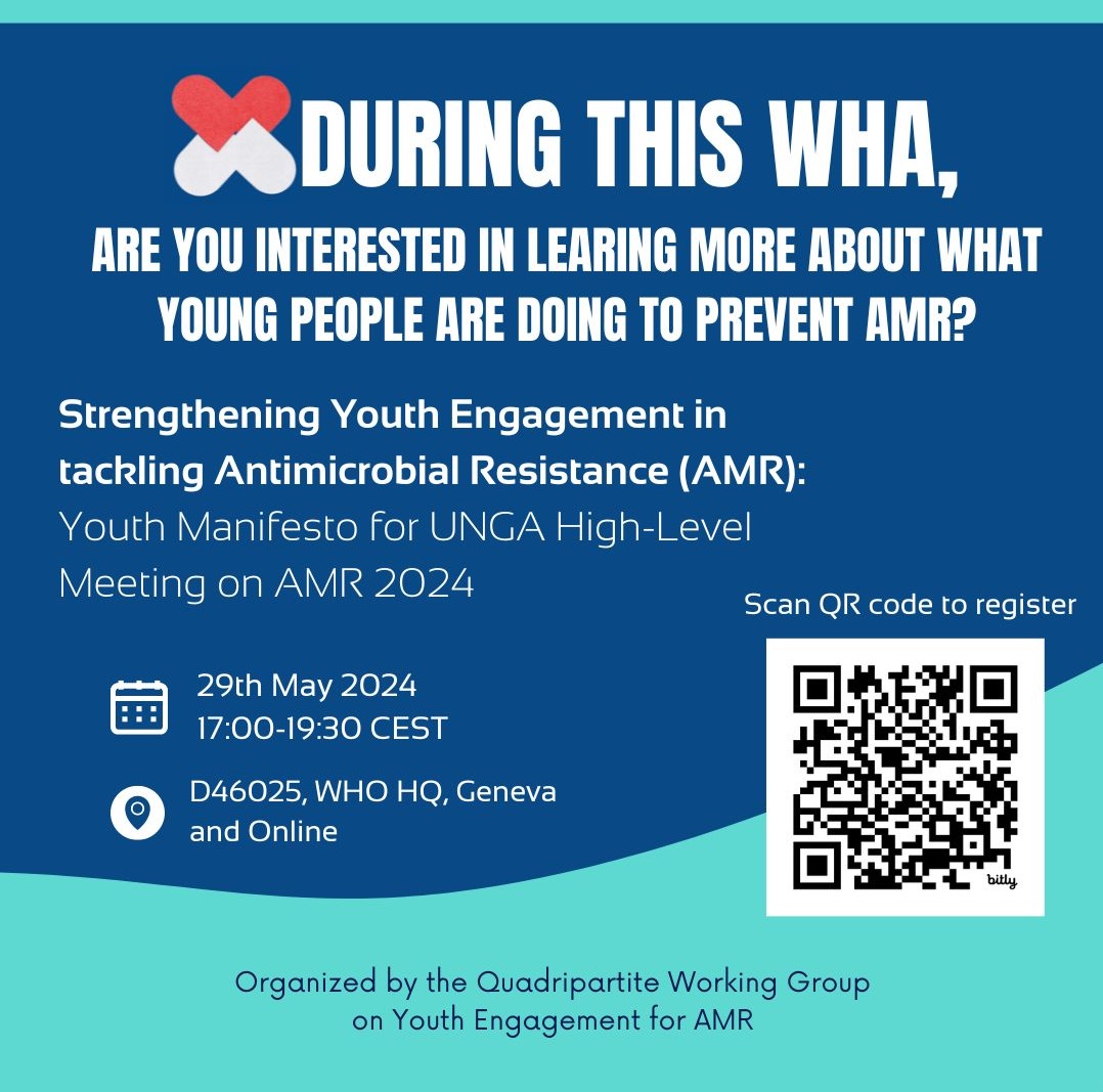 #HappeningTomorrow on 2️⃣9️⃣May at 77th #WorldHealthAssembly Quadripartite Working Group on #Youth Engagement on #AntimicrobialResistance is organising #hybrid event to discuss #YouthManifesto for @UN General Assembly High Level Meeting on AMR 👉Register who.zoom.us/meeting/regist…