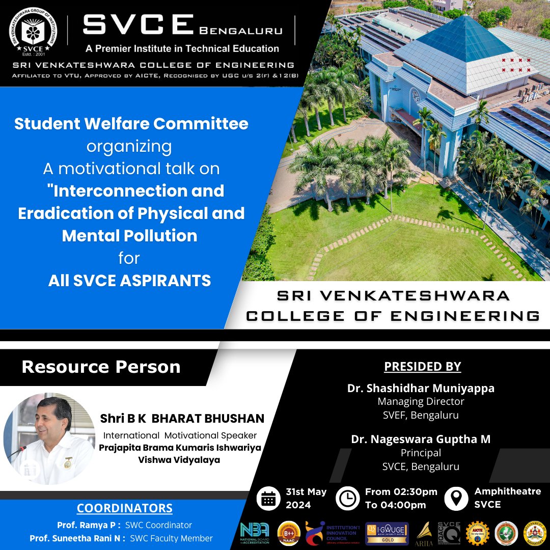 Join us for an inspiring session on 'Interconnection and Eradication of Physical and Mental Pollution'! Shri B K Bharat Bhushan from Prajapita Brahma Kumaris Ishwariya Vishwa Vidyalaya will guide us on this journey. Don't miss it, SVCE aspirants!