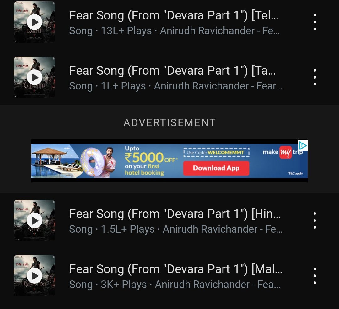 - #FearSong Ranks No.29 spot on @youtubemusic Global Top 100 Songs with 40M plays - 1.4M plays on @spotifyindia - 743K plays on @JioSaavn - 13L+ plays on @WynkMusic #Devara @tarak9999 @anirudhofficial @DevaraMovie #AllHailTheTiger