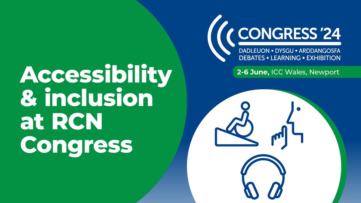 We want your #RCN24 experience to be as comfortable and inclusive as possible. Check out our website for more info on wheelchair access, real-time audio streams, our quiet room and accessible toilets. Accessibility details: rcn.org.uk/congress/Acces…