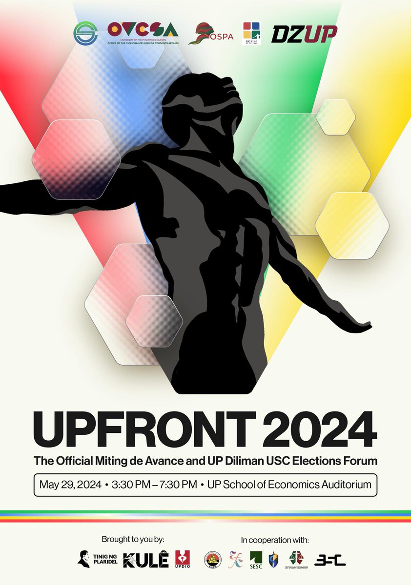 Don't miss the 'UPFront 2024: The Official Miting de Avance and UP Diliman (UPD) USC Elections Forum' happening today at 3:30–7:30 PM, at the School of Economics Auditorium.  

Makialam. Makilahok. Magkaisa.
facebook.com/UPFrontElectio…

🎨 UPFront