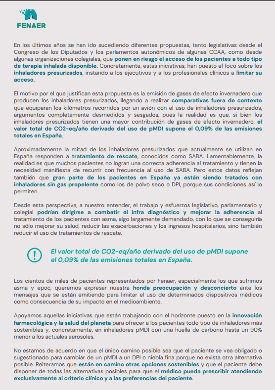fenaer2's tweet photo. 🔵 Posicionamiento consensuado sobre inhaladores presurizados.
Recomendar fármacos por motivos medioambientales es lesivo para los #pacientes. Pedimos respaldo a la investigación, acceso a todos los fármacos disponibles y prescripción por motivos estrictamente clínicos y de acuerdo con los pacientes @fep_pacientes @pacientesPOP