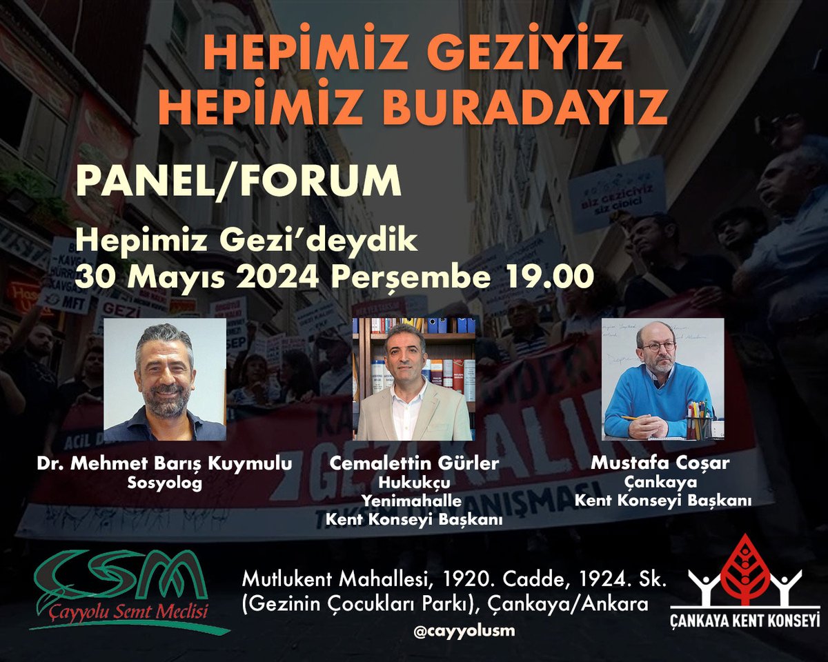 cankayakonseyi's tweet photo. GEZİ'NİN 11. YILINDA BİRARADAYIZ
30 Mayıs 2024 Perşembe
Saat:19.00'da
Çankaya Kent Konseyi Çayyolu Semt Meclisi'nin düzenlediği forum'da Gezi'yi konuşuyoruz
Mustafa Coşar -Çankaya Kent Konseyi Bşk
Dr. Mehmet Barış Kuymulu -Sosyolog
Cemalaettin Gürler -Yenimahalle Kent Konseyi Bşk https://t.co/co3qSGwIsK