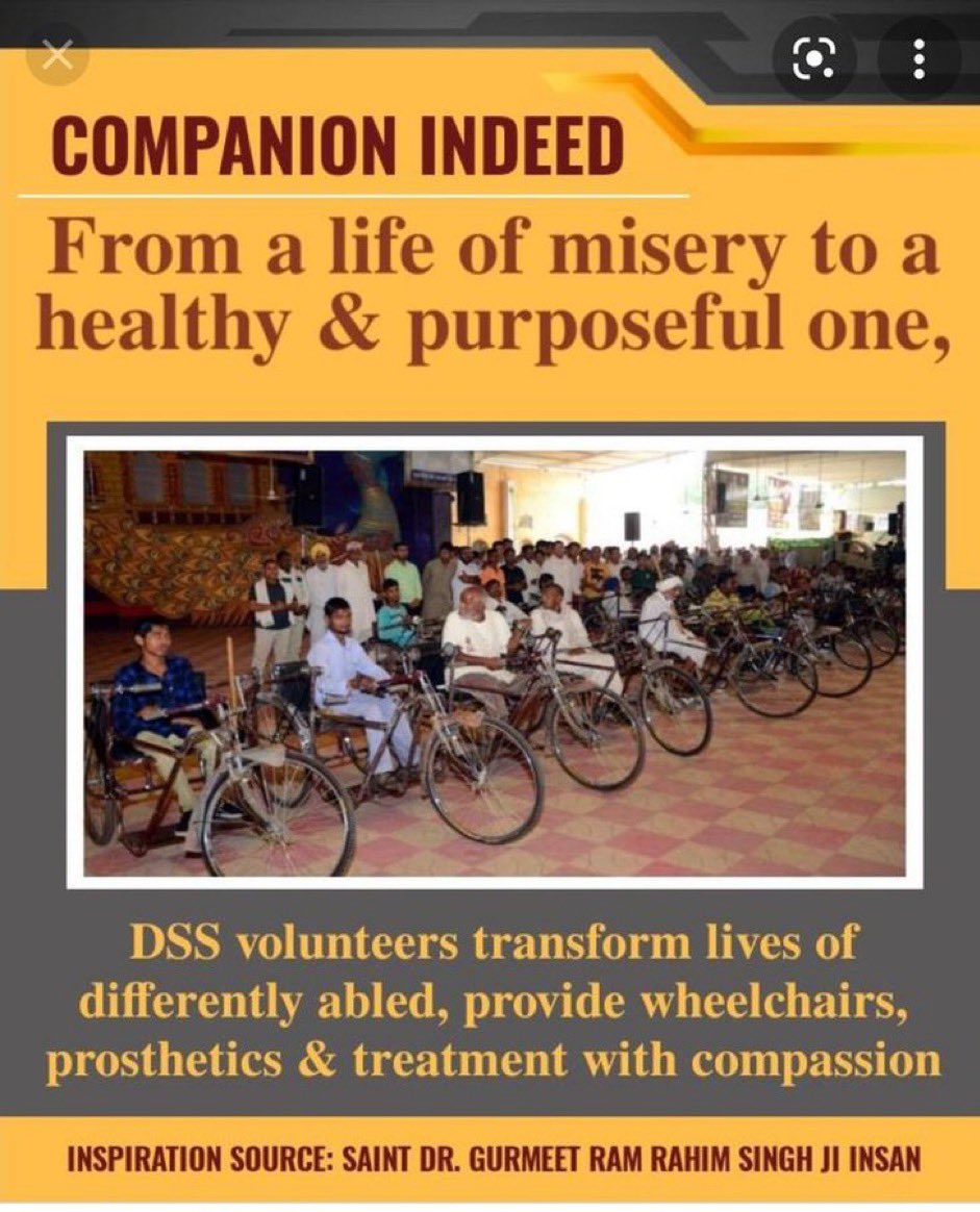 Followers of DSS frequently commemorate special days by distributing free calipers,wheelchairs, and other equipment to differently-abled individuals. They express their gratitude to Baba Ram Rahim Ji for these generous initiatives
#साथी_मुहिम
#WheelchairDistribution
#RamRahim