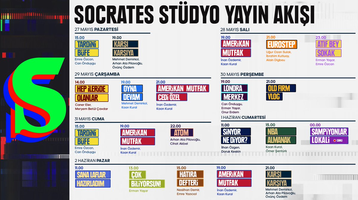 📺 Socrates Stüdyo Yayın Akışı 📆 27 Mayıs-2 Haziran 👾 Atom, yeni bölümüyle bu hafta yayında. 👉 Kanalımıza abone olmak için: scrt.es/YouTube