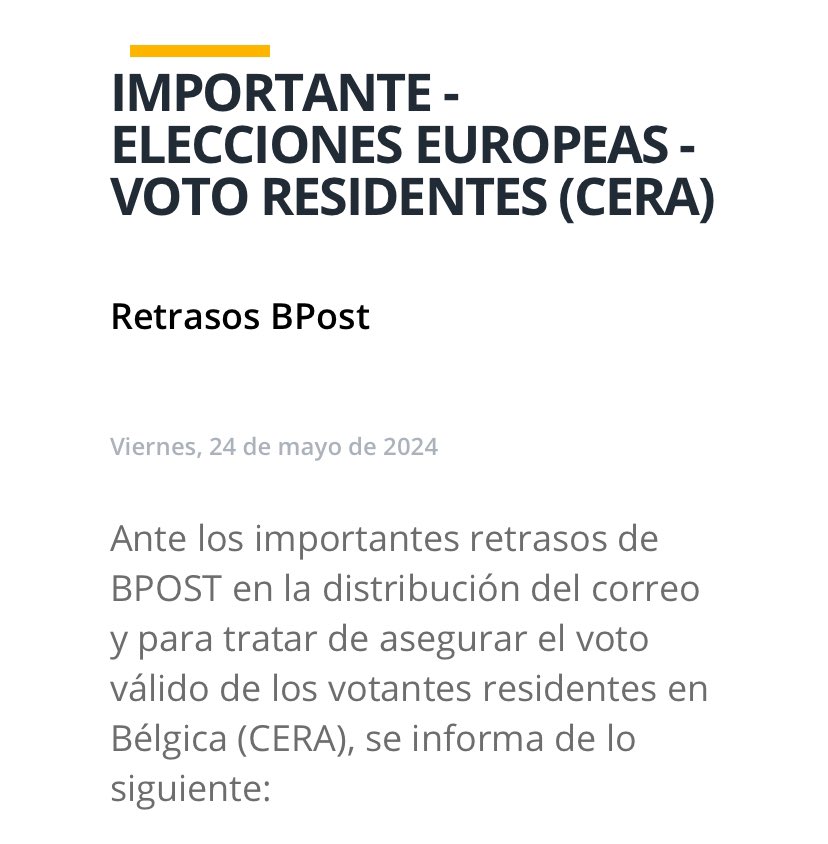 El @CGEspBruselas nos avisa de esto👇

No es en la única demarcación consular que puede verse afectado el voto CERA 🗳️ por los servicios postales locales.

⚠️Aconsejamos: no esperar a que os lleguen las papeletas y las descarguéis (link post anteriores)

ℹ️exteriores.gob.es/Consulados/bru…