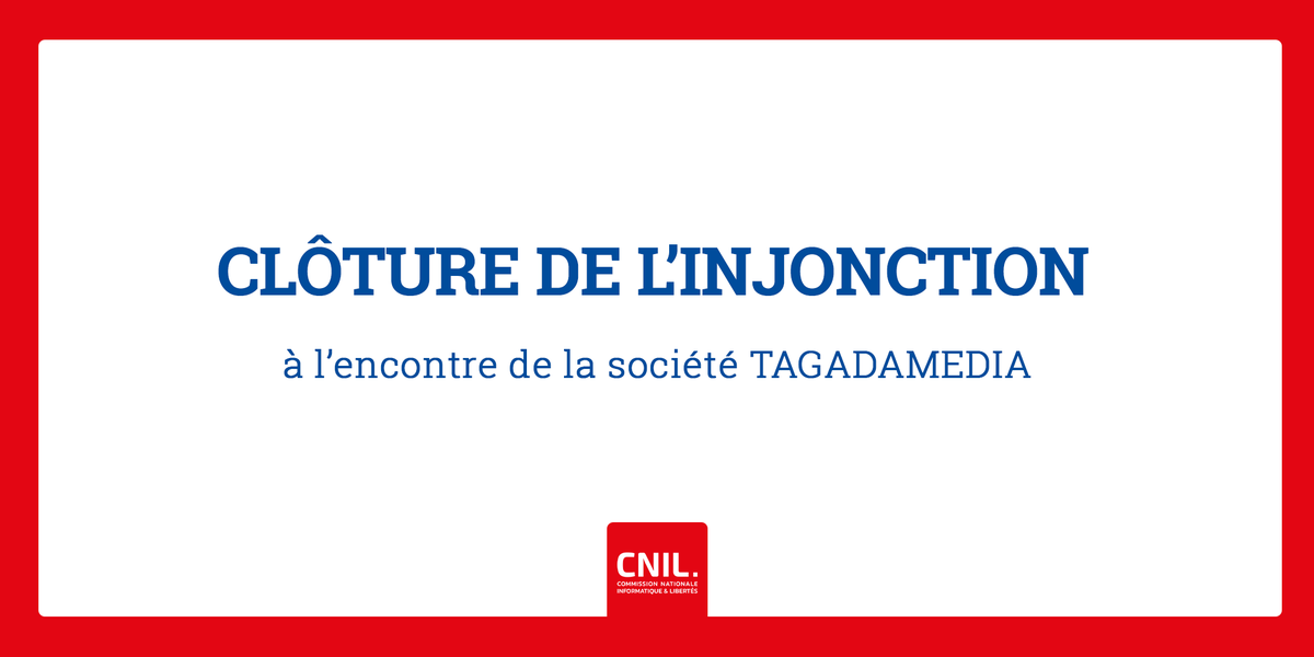 Par délibération du 25 avril 2024, la CNIL a clôturé l’injonction prononcée le 29 décembre 2023 à l’encontre de la société TAGADAMEDIA 👉 cnil.fr/fr/cloture-de-…