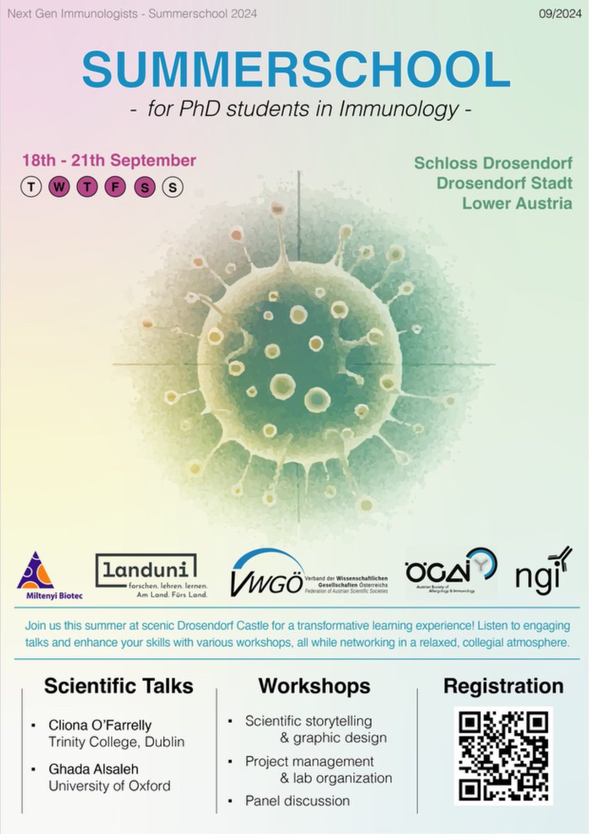 #Immunology PhD students in Austria, don’t miss the chance to participate in the first #NGI summer school this September ✨

Exciting lectures, workshops and socializing in a historic castle in lower Austria 🏰

More information here: mailchi.mp/ba61aea7d31b/7…