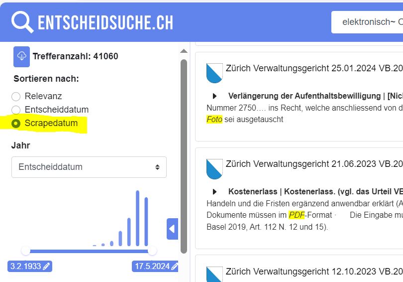 entscheidsuche's tweet photo. (1/3) Neu auf https://t.co/p6mw8P5LpQ: Über Pfingsten 2024 haben wir eine neue Version von https://t.co/p6mw8P5LpQ aufgeschaltet. Mit dieser neuen Version ist es nun möglich, sowohl nach Entscheid-Datum wie auch nach Scraping-Datum zu suchen. https://t.co/aa8fDPxh6j