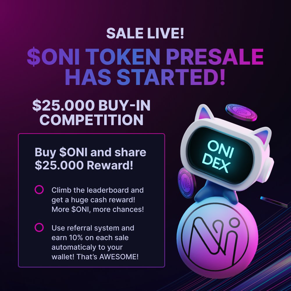 🔥ONI Token and Spheres presale is LIVE! Don't miss the chance to own a piece of the biggest #DeFi in the making! ➡️oni.exchange/presale ➡️5000$ Airdrop: oni.exchange/airdrop ➡️Re-Tweet with💜 #launchpad #ICO #Web3gaming #DeFi #BSC #SOL #GALA #Ethereum