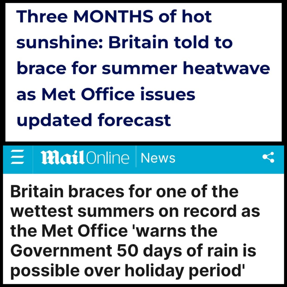 These headlines are just one week apart. The @metoffice is run by bipolar, agenda-pushing throbbers.