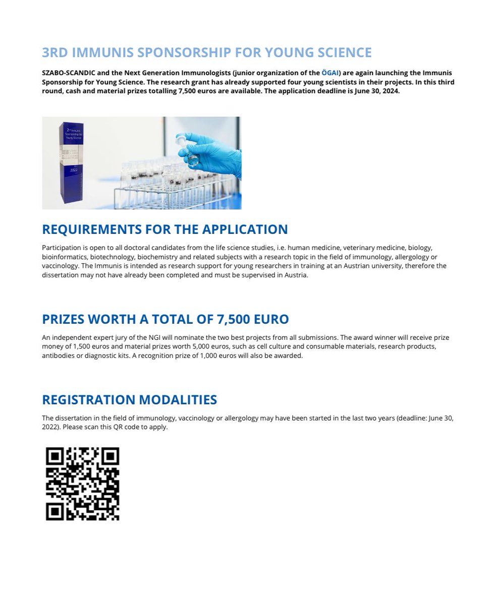 Next Gen Immunologists (@nimmunologists) on Twitter photo Are you in the first two years of your PhD in #immunology or #allergology?
Here is your chance to win the Immunis #sponsorship for Young Science, sponsored by <a href="/SzaboScandic/">Szabo-Scandic HandelsgmbH</a> with prizes worth a total of 7500€
Apply until June 30th via this link: szabo-scandic.com/en/information… Are you in the first two years of your PhD in #immunology or #allergology?
Here is your chance to win the Immunis #sponsorship for Young Science, sponsored by <a href="/SzaboScandic/">Szabo-Scandic HandelsgmbH</a> with prizes worth a total of 7500€
Apply until June 30th via this link: szabo-scandic.com/en/information…