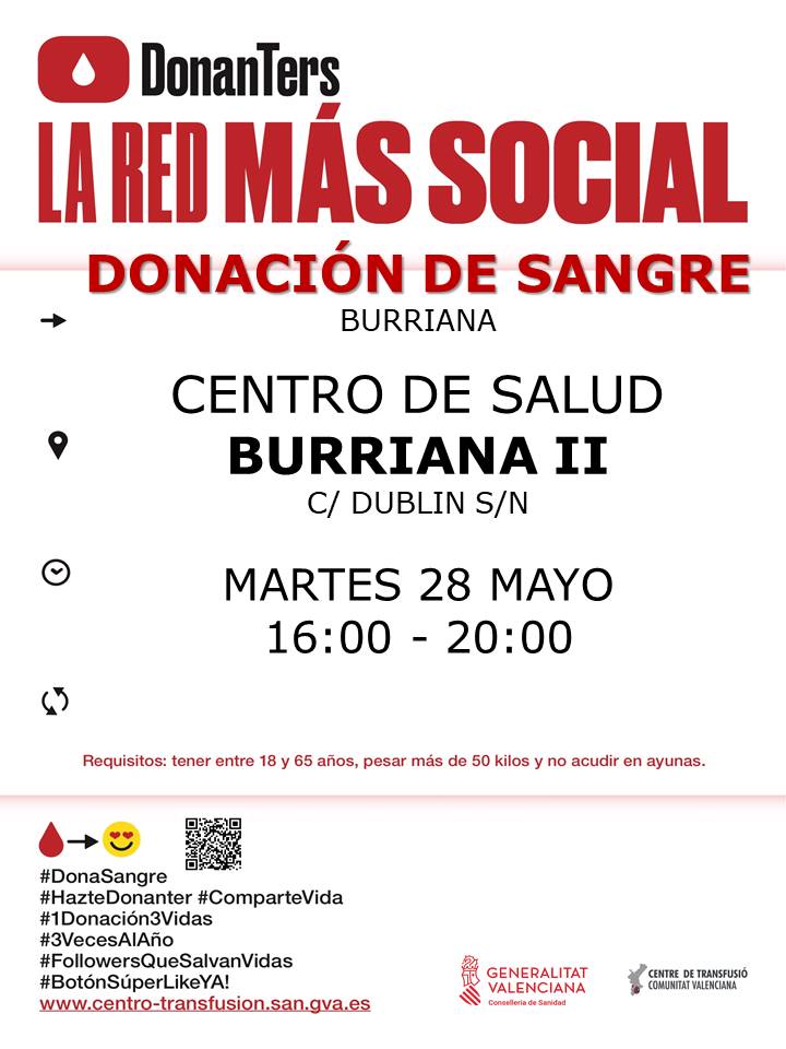 Dona sang a #Burriana
📆dimarts #28mayo

Donar sang de manera regular garantix la disponibilitat de components sanguinis als hospitals.
#DonaSang, uneix-te a #LaFàbricaDeLaVida❤