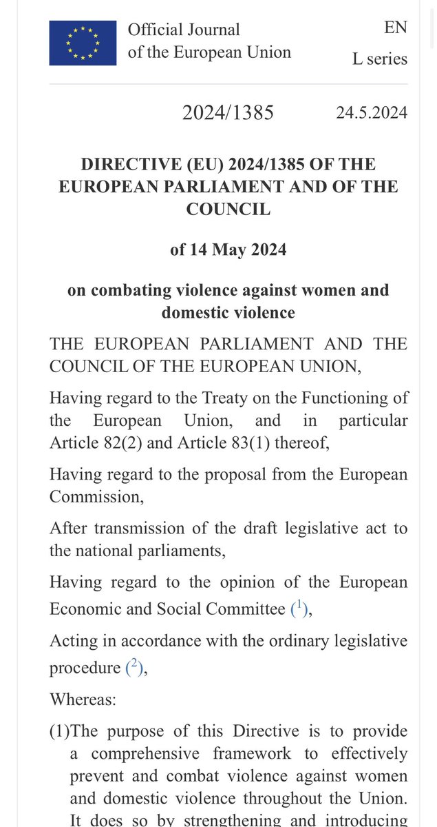 🚨 Breaking News 🚨

The Directive on combating Violence against Women now appears in the Official Journal of the EU. 

From 13th of June, all EU countries will have to implement each provision so we can better prevent violence, protect victims &amp; prosecute offenders 🇪🇺🇮🇪