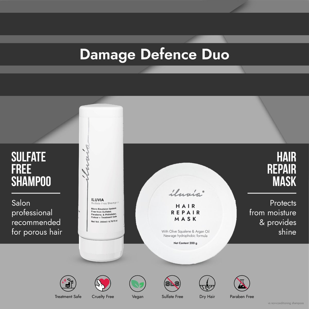 Dry or damaged hair? Say goodbye to frizz, breakage, and unmanageable tresses. Our specialised Sulfate-Free Shampoo and Hydrophobic Hair Repair Mask work together to bring your hair back to life.

Restore and Revive with iluvia's Damage Defence Duo! 

 #iluvia #iluviapro