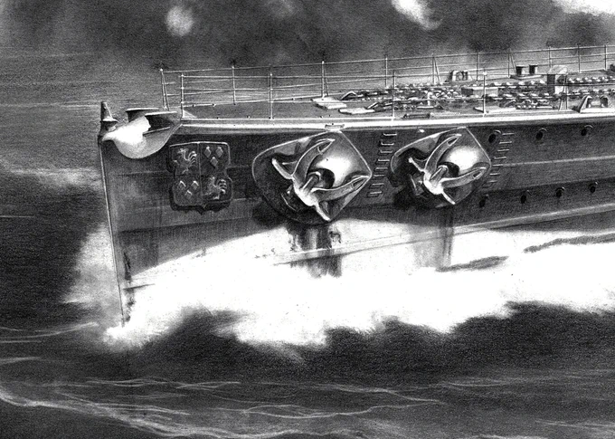 #鉛筆で軍艦ばっかり描く者です艦艇の絵を描く際の、私の最初の楽しみは艦首を描くこと。一番目立つ部分で、絵の表情が決まる要素でもあるからです。錨の位置は姉妹艦(扶桑と山城が好例)でも異なり、艦によってはそこだけで特定可能です。艦首は奥が深いです。#鉛筆画 #鉛筆艦船画 #菅野泰紀 