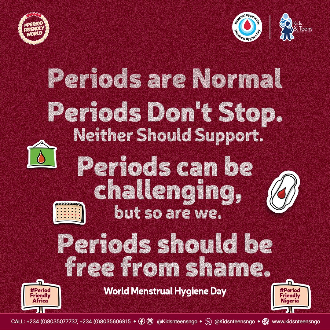 Kidsandteensngo's tweet photo. A Period-Friendly Nigeria starts with open conversations about menstruation, free from stigma and taboos. It ensures everyone has access to safe, appropriate menstrual products and provides education on menstruation and menstrual hygiene for all.

#periodfriendlyworld https://t.co/YU2nqW07PF