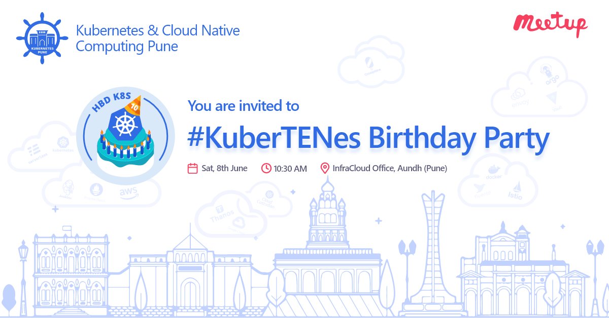 Kubernetes Pune (@kubernetes_pune) on Twitter photo Kubernetes communities are celebrating #KuberTENes across the globe🌍In #Pune, we are throwing a party🎉 at <a href="/infracloudio/">InfraCloud - An Improving Company</a> office🏢
Join us to celebrate this milestone with like-minded folks over cake, coke, & fascinating war stories from #K8s veterans👇
meetup.com/kubernetes-pun… Kubernetes communities are celebrating #KuberTENes across the globe🌍In #Pune, we are throwing a party🎉 at <a href="/infracloudio/">InfraCloud - An Improving Company</a> office🏢
Join us to celebrate this milestone with like-minded folks over cake, coke, & fascinating war stories from #K8s veterans👇
meetup.com/kubernetes-pun…