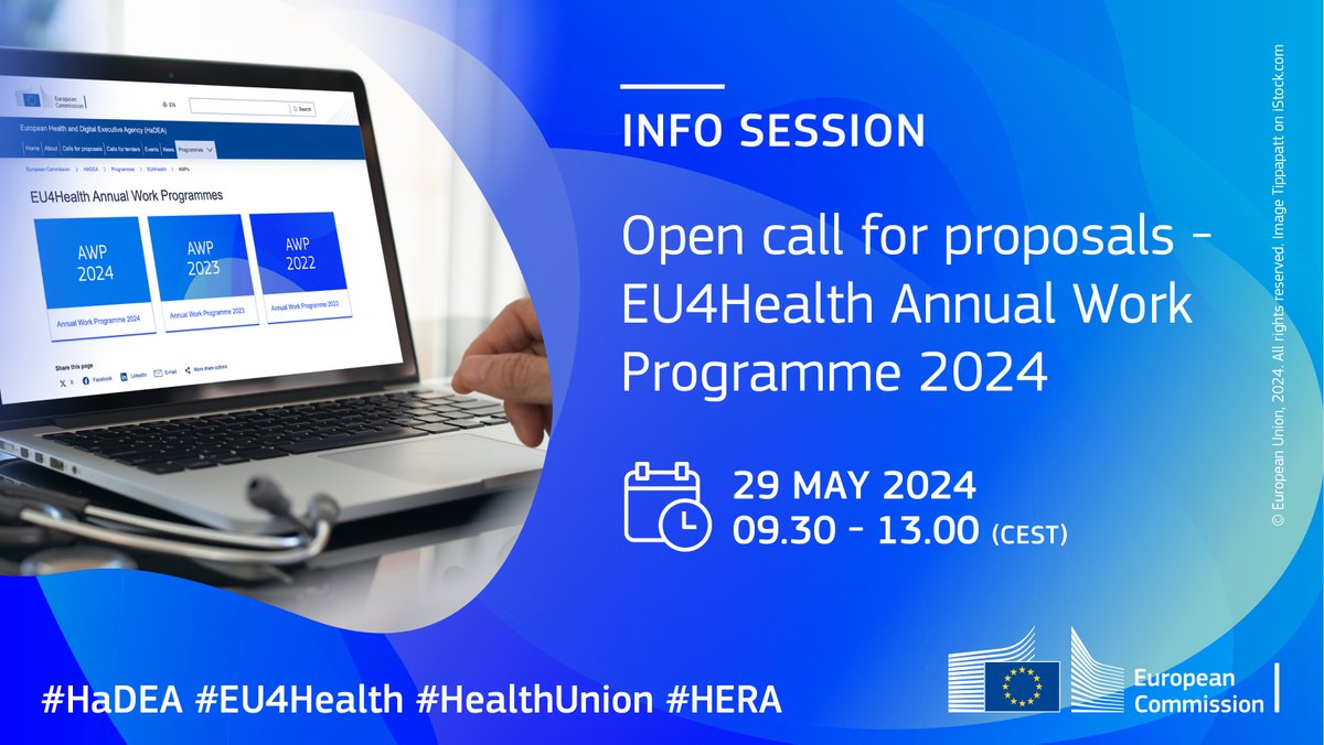 Any questions about the #EU4Health calls for proposals under the 2024 work programme?

Don’t miss the dedicated info session tomorrow!
🗓️ 29 May
🕤 9.30 - 13.00
📍 Online

Agenda and registrations: hadea.ec.europa.eu/events/info-se…