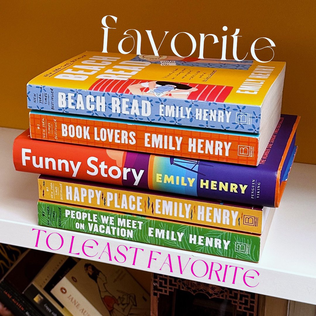 Emily Henry books ranked in order of preference… Beach Read and Book Lovers are a tie at the top? QOTD: what order would you have? The same/different? #emilyhenry #emilyhenrybooks #romcombooks #romcombookstagram #romcombooksaremyweakness