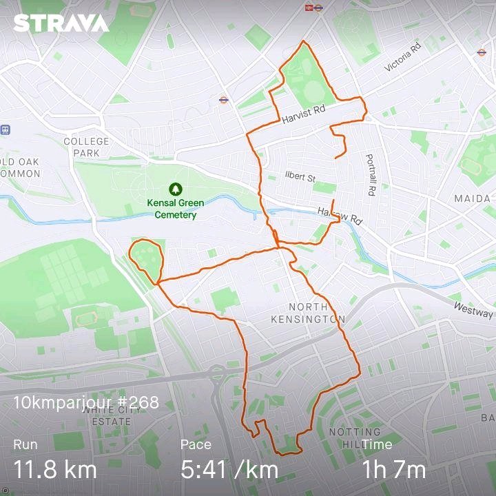 #10kmparjour épisode 268 et quasi retour à la normale. J'aime cette sensation de courir sur la fatigue, quand les jambes disent à la fois 'mais laisse-nous tranquilles, enfin !' et 'oui, fais-nous tourner, ça nous fera du bien'.
 strava.app.link/chdke6jFXJb