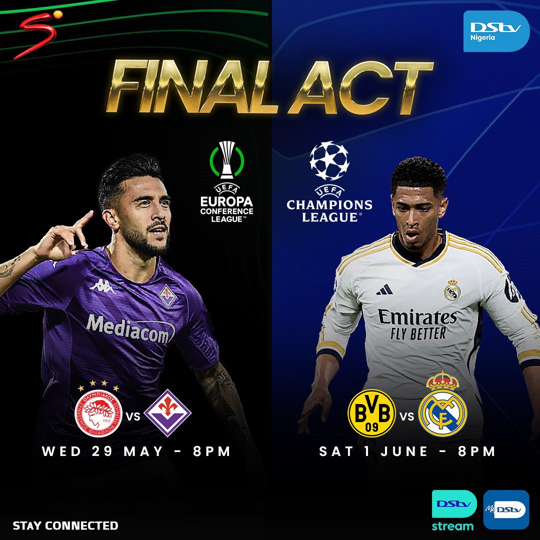 DStvNg's tweet photo. The final act of the season is here!

The Champions League and Europa Conference League finals are set to thrill us one last time!

Who will be crowned the kings of Europe? Join us for the ultimate showdown and find out!

Catch all the action LIVE on DStv!

#UCLFinal #ECLFinal #FinalAct