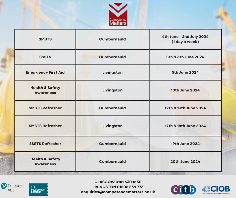 CompetenceMatte's tweet photo. 🚨COURSES IN JUNE🚨

We have a range of courses running throughout June at both of our training centres 👷

Contact us to book your place today 🫵

📞 Glasgow: 0114 630 4150
📞 Livingston: 01506 539 776
📩 enquiries@competencematters.co.uk
🌐 https://t.co/90vxQTZPj5 https://t.co/00dTa5lsuj