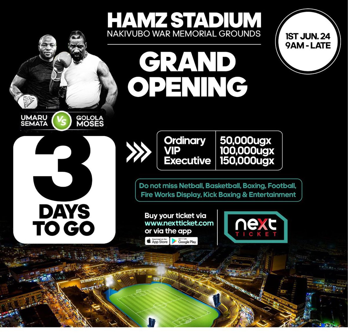 Just 3 days left until the #NakivuboGrandOpening on June 1st! Get ready for an incredible celebration! Secure your tickets now at nextticket.com or download the Next Ticket app. Android: play.google.com/store/apps/det… IOS: apps.apple.com/ug/app/next-ti… #AfroMobileUG #NextTicket