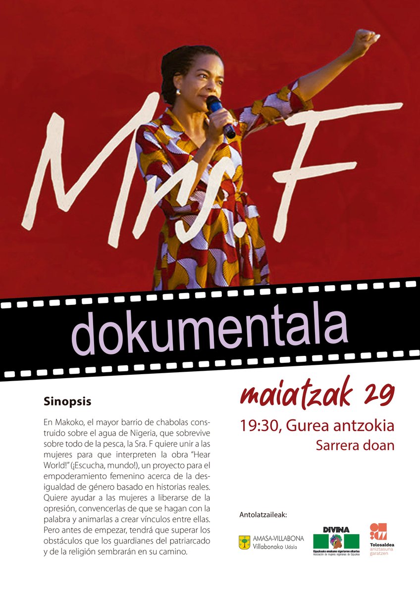 Bihar 19:30etan emanaldi berezia izango dugu Gurea zinean: Mrs.F. dokumentala. Emanaldia Udalak eta Divinas Gipuzkoako Emakume Nigeriarren Elkarteak elkarlanean antolatu dute, Afrikaren astearen testuinguruan. #AfrikarenAstea #Dokumentala #AmasaVillabona