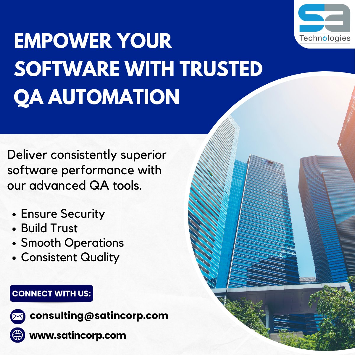 Empower Your Software with Trusted QA Automation: Ensuring Unparalleled Security, Reliability, and Excellence in Every Test Cycle.

Contact us: consulting@satincorp.com 
visit us: zurl.co/WzBP

#aifuturetesting #qaautomation #softwarereliability #satech #zerobugs