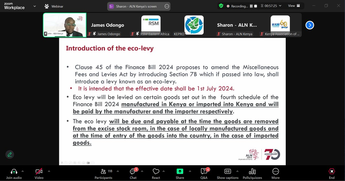 "The implementation of the Eco Levy encompasses a wide range of goods, notably including all plastic packaging materials as classified under Chapter 39 of the East African Customs Union Common External Tariff 2022, levied at a rate of Ksh 150 per kg.