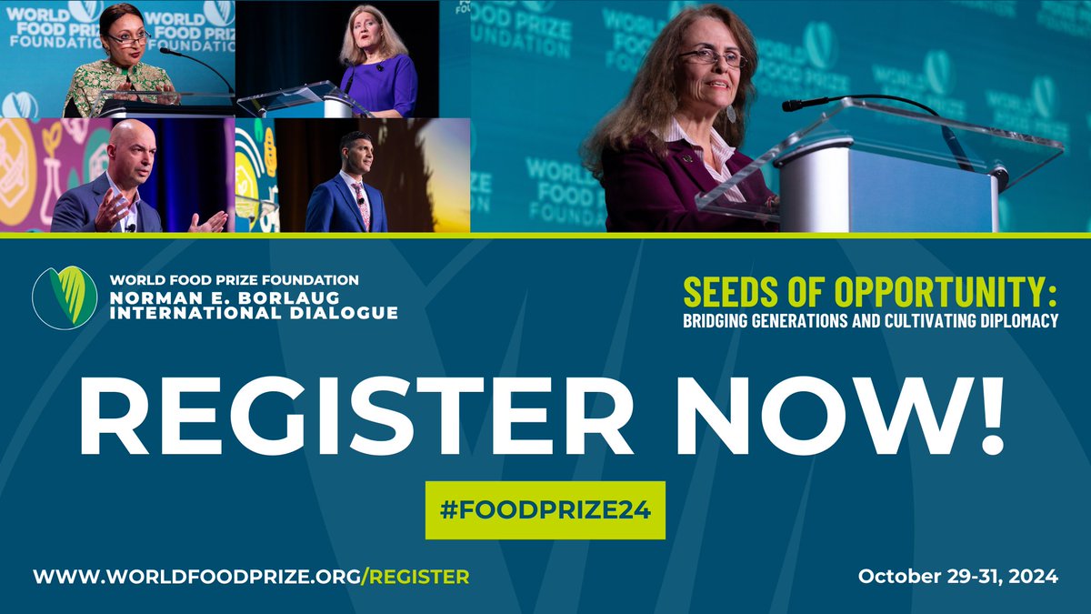 🍃 Register for the 2024 Borlaug Dialogue, Oct 29-31 in Des Moines! This year's theme is 'Seeds of Opportunity: Bridging Generations and Cultivating Diplomacy.' Engage and innovate with us! #FoodPrize24 | 
Register now: worldfoodprize.org/register 
@WorldFoodPrize