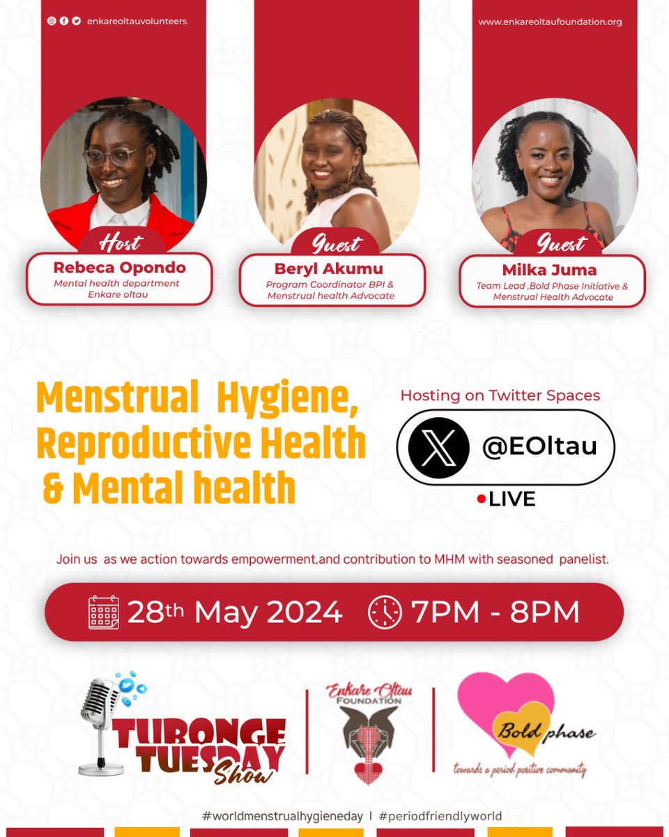 Join us today as from 7 PM EAT for an enlightening X space on menstrual hygiene. We'll also discuss mental health as we wrap up Mental Health Awareness Month. Tune in to learn and unlearn vital practices for prioritizing your well-being. Let's break the stigma. 
#Humanize