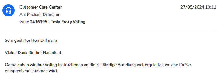 DillmannMichael's tweet photo. @TeslaSchweiz @elonmusk @TeslaBoomerMama I hope my vote with @Swissquote will work. #VotedTesla24 https://t.co/n6HGIQ4vrO