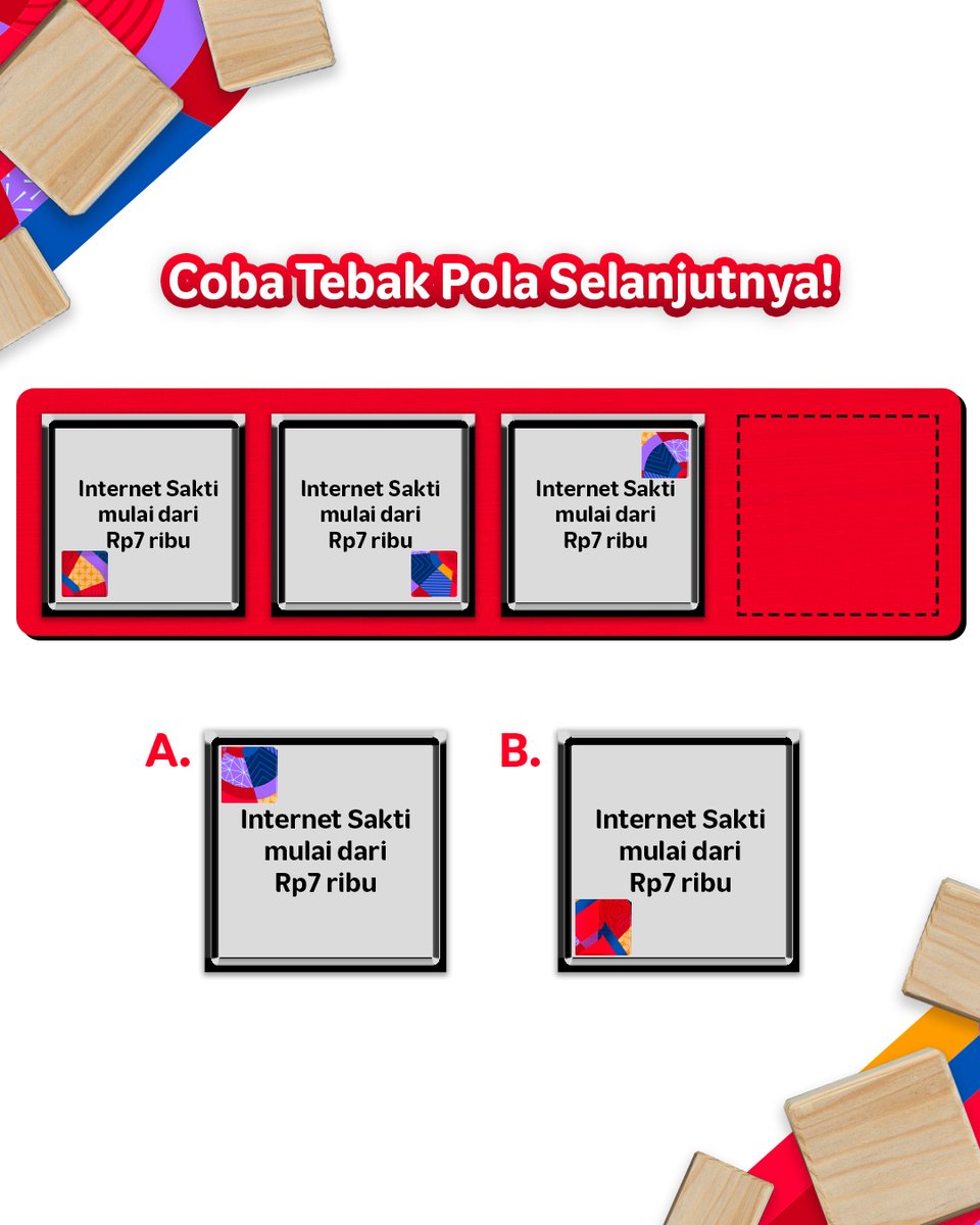 Tes fokus kamu! Reply pola selanjutnya 😆 Ada juga yang bikin fokus internetan cuma modal mulai dari Rp7 Ribuan! Namanya Internet Sakti dari #TelkomselPraBayar, kuotanya hingga 210GB. 😍😍 Aktifkan di MyTelkomsel, klik tsel.id/mytelkomselapp atau tekan *363# *S&K Berlaku