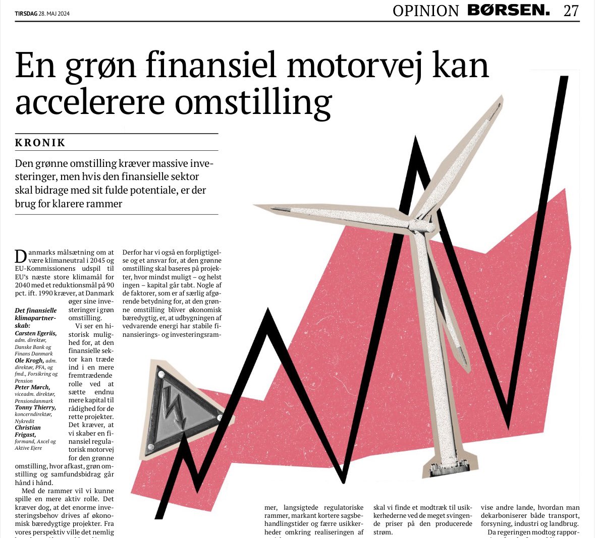 Hvordan skaber vi gode rammer for, at pensions, bank- og realkreditkroner kan komme ud at arbejde i den grønne omstilling? Det sætter det finansielle klimapartnerskab ord på i tirsdagens Børsen. #dkpol #dkbiz #dkgreen @FPbranche 
borsen.dk/nyheder/opinio…