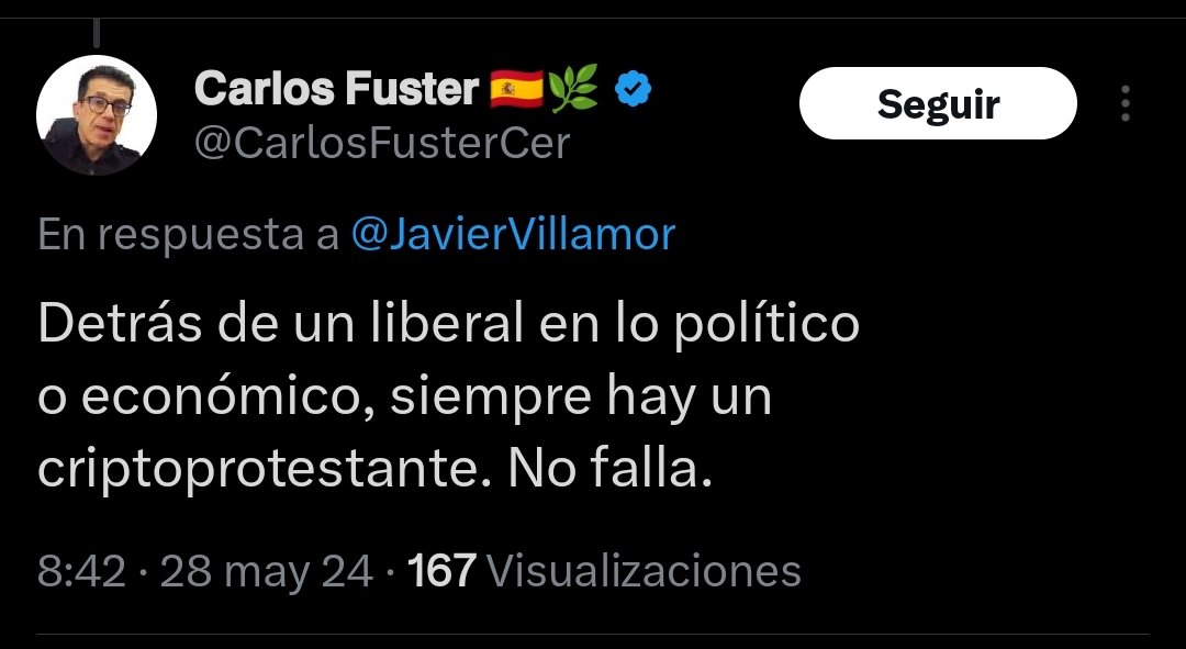 Federico Jiménez Losantos es un protestante encubierto. Este tuit de Carlos Fuster da en la diana: el liberalismo clásico es un disfraz del protestantismo, no es avance ni progreso, es regresión a un grave error filosofico y metafísico. Jesús Huerta de Soto denunció esto en 2000.