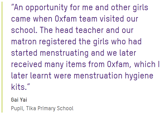 ''Menstrual Hygiene Kits Help Girls to Keep in School,'' Gai Yai, a pupil at Tika P/S. Learn from Gai's story on how Oxfam is addressing the menstrual needs of girls in schools in West Nile under The WASH in Schools Project. 🔗uganda.oxfam.org/latest/stories… #WorldMenstrualDay