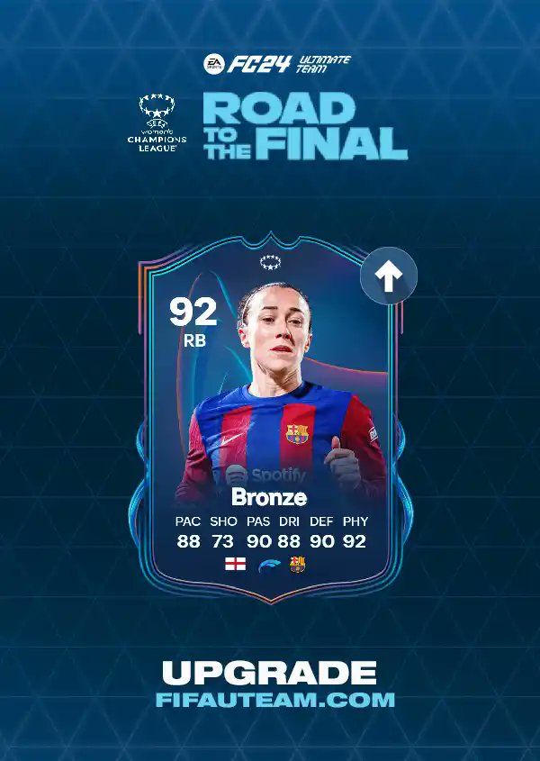 ⏫ Her final upgrade is now LIVE!
🏴󠁧󠁢󠁥󠁮󠁧󠁿 91-92 5/5* Lucy Bronze 
fifauteam.com/fc-24-rttf-tra…