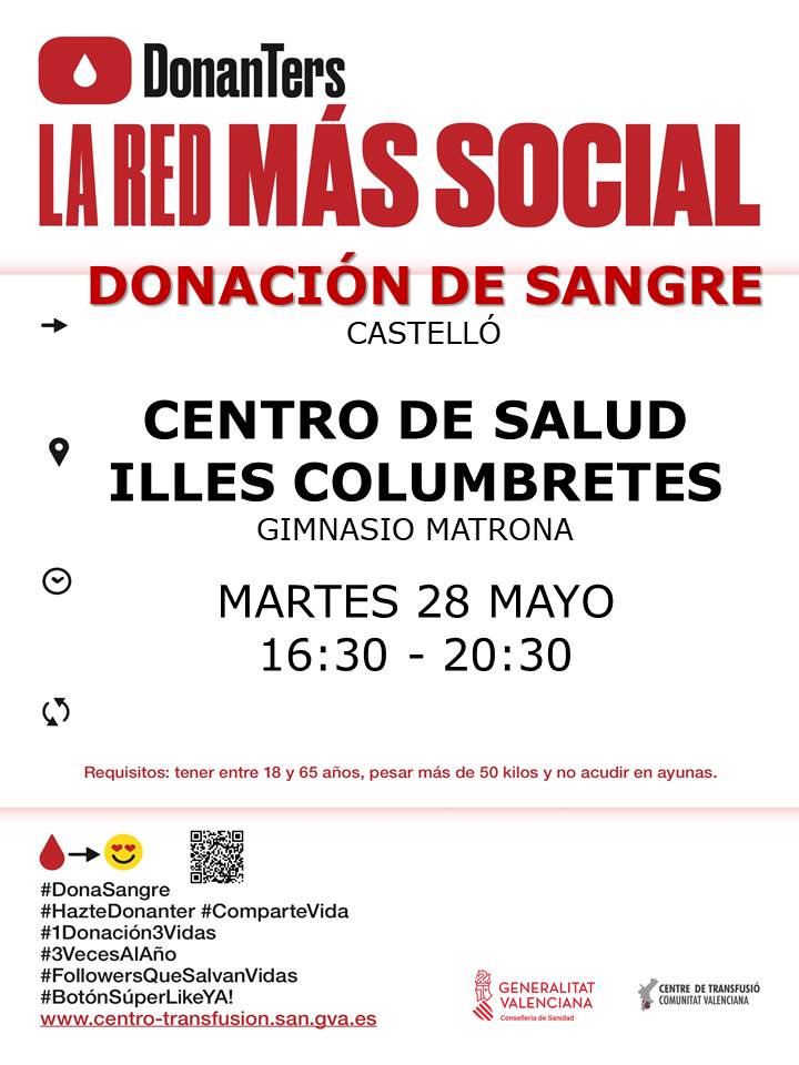 Dona sang a #Castelló
📆dimarts #28mayo

Donar sang de manera regular garantix la disponibilitat de components sanguinis als hospitals.
#DonaSang, uneix-te a #LaFàbricaDeLaVida❤