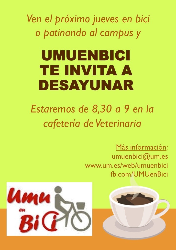 Este jueves 30 de Mayo, como de costumbre, UMUenBici te invita a un café si vienes pedaleando al Campus de Espinardo. ¡No dejéis pasar los últimos días de frescor matutino para empezar el día de manera activa!
Salimos a las 8 desde La Merced.