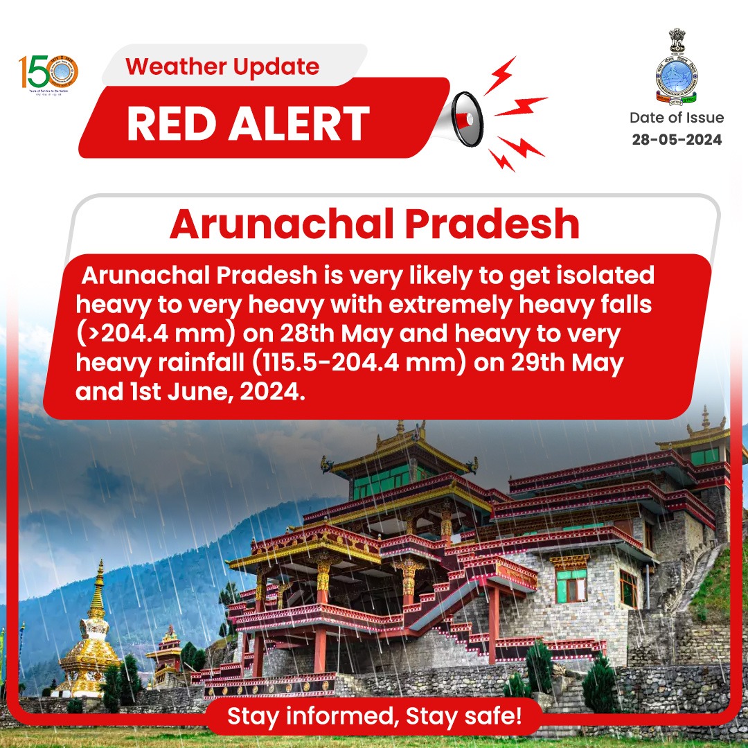 Arunachal Pradesh is very likely to get isolated heavy to very heavy with extremely heavy falls (>204.4 mm) on 28th May and heavy to very heavy rainfall (115.5-204.4 mm) on 29th May and 1st June, 2024.

#rainfallalert #weatherupdate #rain #arunachalpradesh #redalert
