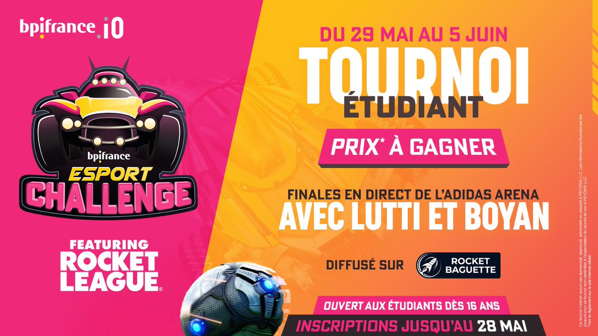 Plus qu’un jour pour s’inscrire au <a href="/Bpifrance/">Bpifrance</a> Esport Challenge ! 

Du 29 mai au 5 juin, affrontez d'autres équipes d'étudiants et tentez de vous qualifier pour les finales à l'Adidas Arena, commentées en direct par <a href="/LuttiLutti_/">Lutti</a> et <a href="/RocketBaguette/">Rocket Baguette</a>, et remporter un prix !