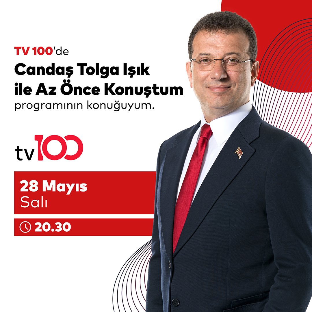 Bu akşam 20.30’da tv100’de Candaş Tolga Işık ile Az Önce Konuştum programının konuğuyum. İstanbul’da bu dönem hayata geçireceğimiz projeleri ve güncel gelişmeleri konuşacağız. @ctisik